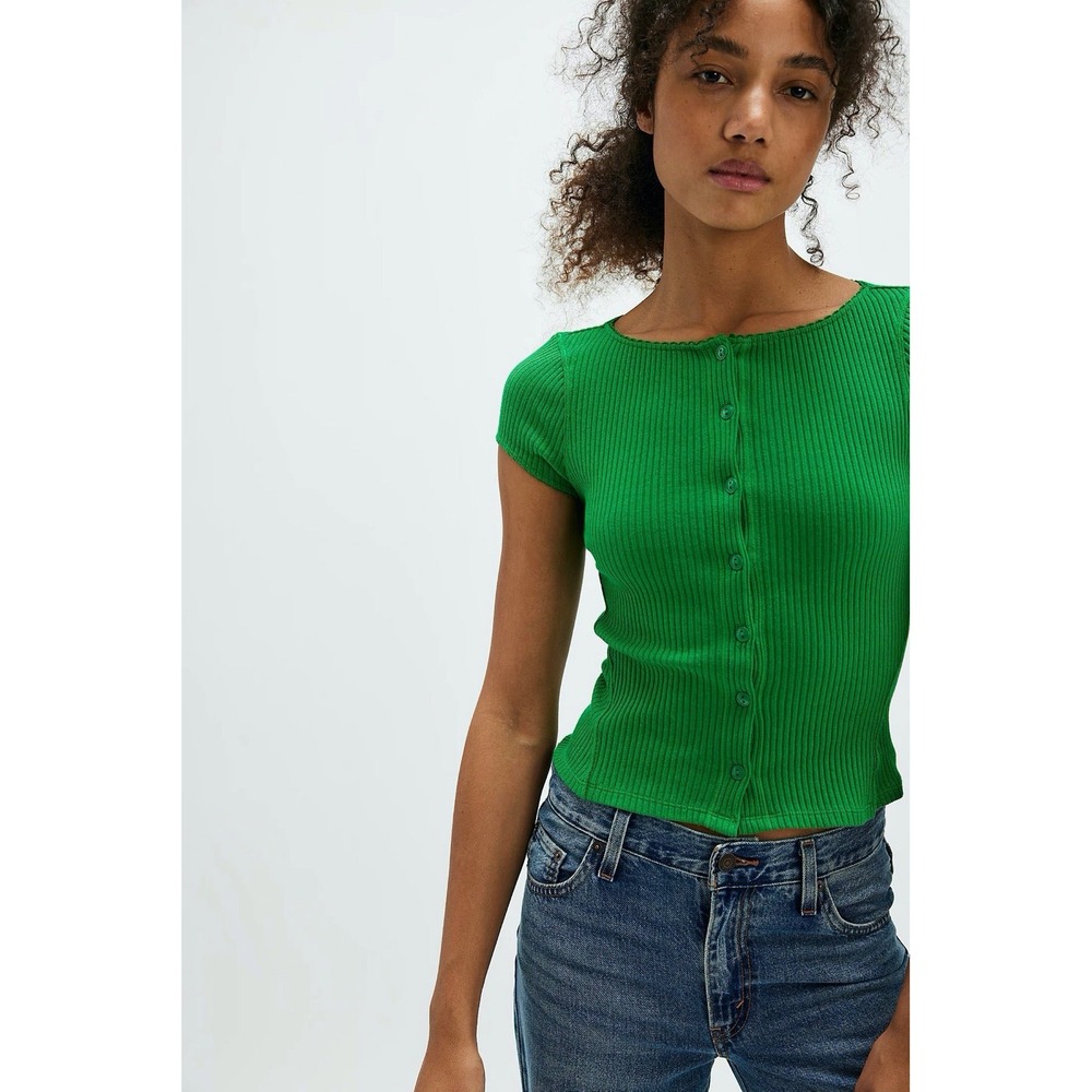 Free People Cardigan Womens Size‎ S Kelly Green Ribbed Top Coquette NWT